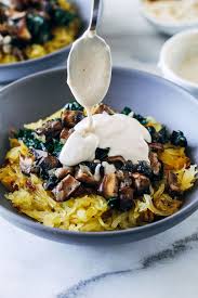 Spaghetti Squash With Mushrooms Kale And Cashew Alfredo Making Thyme For Health Recipe Spaghetti Squash Stuffed Mushrooms Squash Recipes