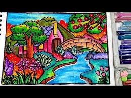 Cara Menggambar Dan Mewarnai Pemandangan Rumah Kebun Bunga Dan Sungai Gradasi Warna Oil Pastel Youtube Cara Menggambar Pemandangan Gambar