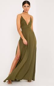 Beccie Khaki Extreme Split Strappy Back Maxi Dress In 2020 Maxi Dress Chic Maxi Dresses Long Maxi Dress
