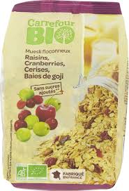 Le spray corps hydratant carrefour combine les propriétés hydratantes d\'un lait et la praticité d\'un spray. Muesli Floconneux Raisins Cranberries Cerises Baies De Goji Carrefour Bio 500 G E