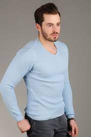 Zincir Orgu Triko Kazak Mavi Triko Moda Gomlek