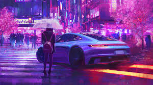 City lights wallpaper, car video game screenshot, night, futuristic city. Girl Night Raining City Car 4k Wallpaper 4 3049