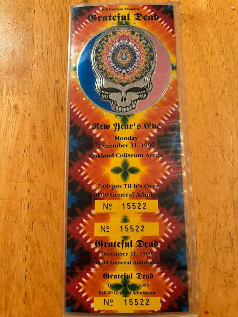 Grateful Dead New Year's Eve 1990 ticket with silver embossed stealie