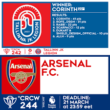 Arsenal participated in the premier league and the uefa champions league, after finishing third in the previous premier league season.the league cup however was out of their reach, and despite an entertaining cup run, which included 13 goals. Crcw 242 Results Tallinn Jk Legion Crcw 244 Arsenal F C