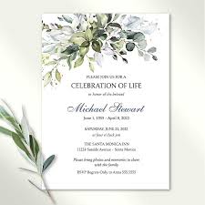 Funeral Invitation For Man Template With Greenery And Pale Blue Template For Home Printing Funeral Invitation Celebration Of Life Memorial Service Invitation