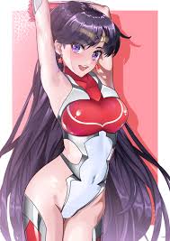 arion canvas, hino rei, sailor mars, bishoujo senshi sailor moon, taimanin  (series), absurdres, highres, 1girl, :d, arched back, armored leotard,  armpits, arms up, black hair, circlet, covered navel, cowboy shot,  earrings, gloves,