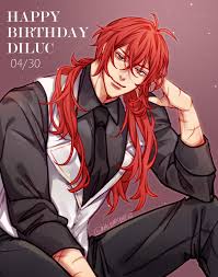 diluc (genshin impact), genshin impact, absurdres, highres, 1boy, artist  name, collared shirt, feet out of frame, hand on own face, happy birthday,  long hair, looking at viewer, male focus, mature male, nalamicha,