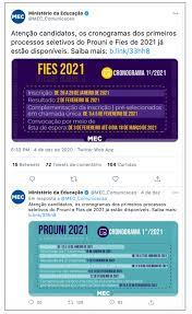 O ministério da educação (mec) divulgou, no dia 3 de maio, o cronograma do fies 2021.2, que usará também as notas do enem 2020, como critério para classificação dos candidatos. Mec E Criticado Por Estudantes Depois De Divulgar Datas Do Prouni E Fies 2021 Poder360