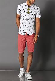 Black And White Shorts Outfit Men Men S White And Black Print Short Sleeve Shirt Red Denim Shorts White Canvas High Top Sneakers Olive Sunglasses Mens Summer Outfits Casual Shorts Outfit Summer Outfits Men