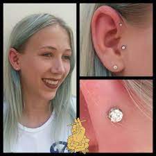 Healed Tragus And A Fresh Forward Helix Both Adorned With Prong Set Swarovski Crystals From A Ear Piercings Tragus Tragus Piercing Earrings Earings Piercings