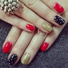Red Black And Glitter Nails Red And Black Nails With Gold Glitter And White Dots Red And Gold Nails Black Gold Nails Red Nails
