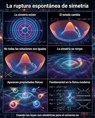 Muchas leyes físicas son perfectamente simétricas, pero el universo que  observamos no siempre lo es. La ruptura espontánea de simetría ocurre  cuando un sistema obedece leyes simétricas pero adopta un estado específico,