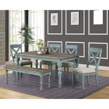 A dining table with benches provides for versatile seating since you can remove the furniture to another room a pretty rustic style kitchen dining set crafted of solid wood. Prato Weathered Blue 5 Piece Dining Set Overstock 27192171