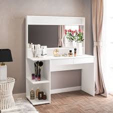Modern wooden white bedroom vanity sets makeup table with stool and led bulbs fold mirror. White Makeup Vanities Ideas On Foter
