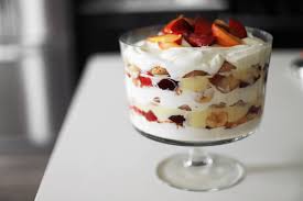 The order of the layers is cake, fruit, custard, then cream. Stone Fruit Banana Trifle With Orange Blossom Custard Cardamom And Tea