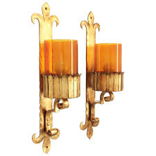 Great 1920's wrought iron gothic style wall sconces. Pair Of Spanish Gothic Style Gilt Wrought Wall Sconces With Amber Glass Shades At 1stdibs
