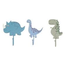 Four colored dinosaur head hooks on sunbleached wood backer. Sass And Belle Dinosaur Wall Hooks