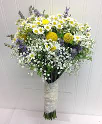 Garden Bridal Bouquet With Chamomile Lavender Craspedia And Babies Breath Designed By Wendy A Lavender Bouquet Yellow Wedding Flowers Cheap Wedding Flowers