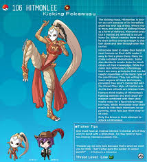 kinkymation, hitmonlee, creatures (company), game freak, nintendo, pokemon,  commentary, english commentary, highres, 1boy, 1girl, artist name,  character name, character profile, dark skin, english text, gen 1 pokemon,  hair ornament, hat feather, leg