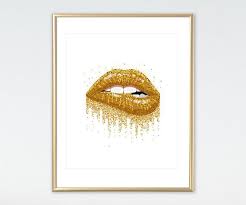 Gold Glitter Lips Gold Bedroom Decor Gold Lips Lip Print Etsy Makeup Wall Art Glitter Room Glitter Lips