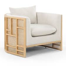 June Cream Linen Cane Back Lounge Chair Oak Chair Affordable Armchair Retro Office Chair