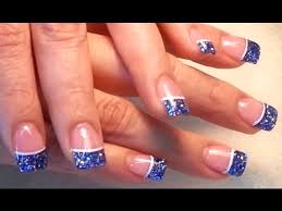 Acrylic nails done with dark navy blue and silver sparkles. Blue Glitter French Acrylic Finger Nails Youtube