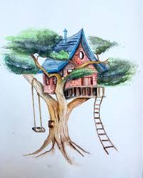 Treehouse Watercolour Painting Tree House Drawing Tree Drawing Watercolor Paintings Easy