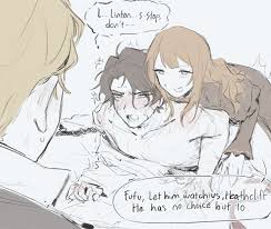 yobunkiii, catherine (project moon), heathcliff (project moon), linton  (project moon), limbus company, project moon, highres, 1futa, 2boys, blonde  hair, brown dress, brown hair, collared shirt, dress, english text, frilled  sleeves, frills, futa