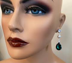 Long Green Earrings Emerald Green Rhinestone Earrings Pear Shape With  Crystal Glass Pearl Wedding Bridal Jewelry