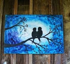 Silhouette Bird Paintings On Canvas This Item Is An Original Watercolor Canvas Painting Of A Silhouette Of Two Lovebirds On A Branch With A Midnight Blu Painting Watercolor Canvas Canvas Painting