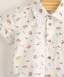 Camisa Infantil De Algodao Mini Print Dinossauros Com Bolso Manga Curta Off White