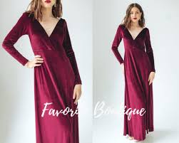 Wine Velvet Dress V Neck Maxi Bridesmaid Gown Long Sleeves Custom Tailor  Prom Wedding Guest Dress Fall Winter Wedding Dress Plus Size