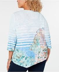 Plus Size Monterey Scenic Print Asymmetrical Hem Top