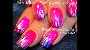 Easy Hot Neon Pink Nails Glitter Striped Nail Art Design Tutorial Youtube Neon pink bling nails diamond long stiletto press on nails barbie hot pink.