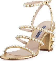 Stuart Weitzman Peridot Pearly Embellished Sandals Gold Luxed