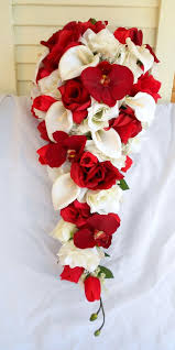 Patriotic cemetery headstone flowers in red white and blue roses with flags. Red Ivory And White Callas Orchids And Roses Cascade Bouquet 2 Pc Red Bouquet Wedding Bridal Bouquet Wedding Flowers