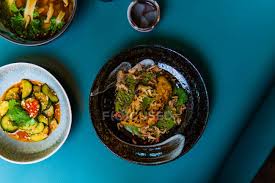 You'll receive email and feed alerts when new items porcelain bowl asian markings cobalt blue stripes geometric string design. Top View Of Asian Style Food Delicious Oriental Dishes In Bowls On Blue Background Rice White Stock Photo 354805020