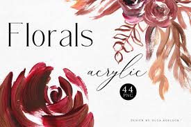 Are you searching for watercolor flowers png images or vector? Boho Roses Floral Clipart Modern Acrylic Shapes Burgundy Flower Clipart Graphics For Wedding Fem In Illustrations On Yellow Images Creative Store