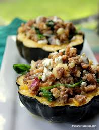 Roasted Acorn Squash Stuffed With Fennel Sausage Farro Goat Cheese Spinach Recipe Holiday Recipes Side Dishes Fennel Sausage Food