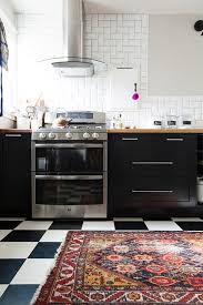 Black And White Checkered Linoleum Flooring Black Cabinets Checkered Floor Kitchen Kitchen Flooring Eclectic Home