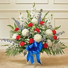 From birthdays to holidays, a blue flower delivery is sure to be memorable. Red White Blue Sympathy Floor Basket Baskets