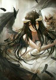 1boy 1girls ainz ooal gown albedo (overlord) dakimakura (object)  feather female horns long hair male nude official art overlord (maruyama)  solo tagme wings yellow eyes 