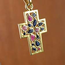 14k Gold Sapphire Cross Pendant Vintage Gemstone Cross With Etsy Sapphire Cross Pendant Sapphire Cross Cross Pendant
