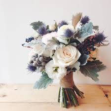 Something Different For A Bride Whose Favourite Colour Is Blue White Blush Blooms With Blue Thistles And B Bridal Bouquet Blue Wedding Flowers Bridal Bouquet