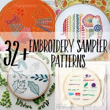 The first section is hand embroidery sampler patterns that are for sale and the second section is free hand embroidery sampler patterns. 32 Hand Embroidery Sampler Patterns Swoodson Says