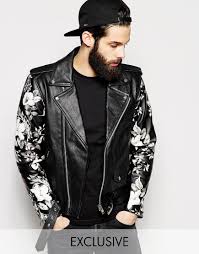 Reclaimed Vintage Leather Biker Jacket With Printed Sleeves At Asos Com Asos Leather Jacket Biker Outfit Leather Jacket Style