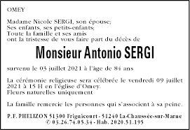 Décès de Monsieur Antonio SERGI (03-07-21), Annonce nécrologique