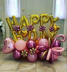 This bright and colorful flower arrangement gift is accompanied by a festive happy birthday floating helium balloon to surprise and delight them. Happy Birthday Marquees Balloon Bouquet Balloon Bouquet Balloon Decorations Party Happy Birthday Balloons