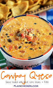 Cowboy Queso Recipe Queso Dip Loaded With Meat Beans Rotel And Corn Can Make In The Microwave Or Slow Cooker Great For Tai Recipes Queso Recipe Queso Dip