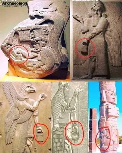 What does the recurring handbag-like object in ancient carvings symbolize?